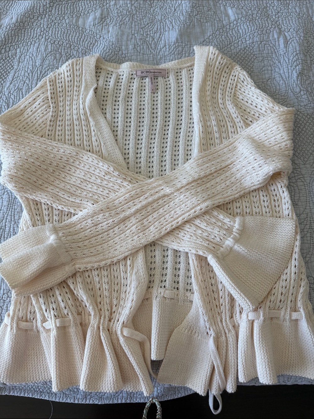 BCBGeneration Cream Open-Knit Fringe Hem Cardigan Sweater